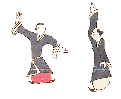 Old drawing of people practicing Qui Gong