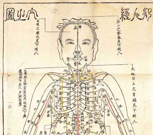 Illustration showing bodily tracks and their acupuncture points