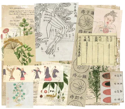 Collage of illustrations of traditional healing tools and techniques